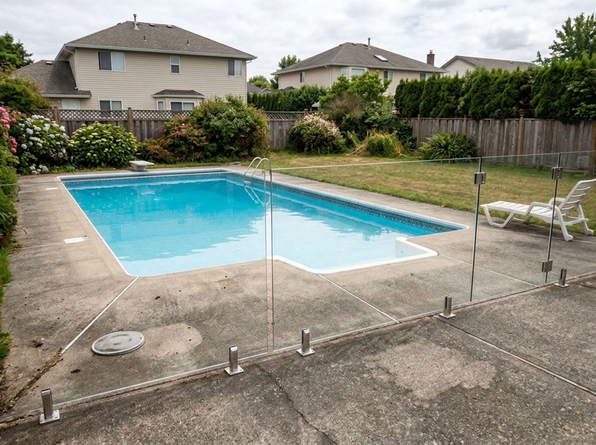 Same pool with frameless glass safety fencing, view fully restored