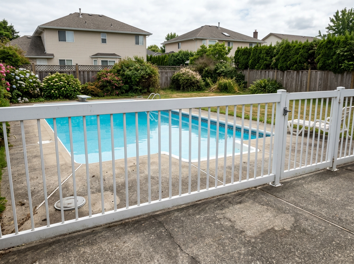 Dated aluminum rail fence around a backyard pool blocking the view