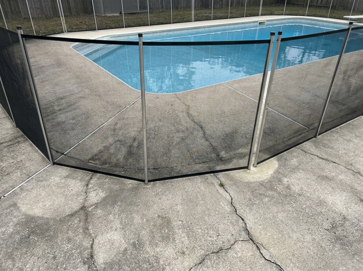 Same fence line restretched taut and re-anchored, gaps closed