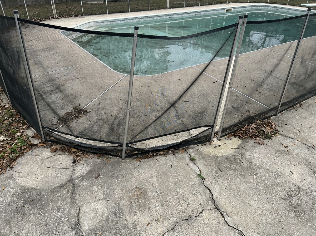 Old sagging pool safety mesh fence with gaps at the bottom