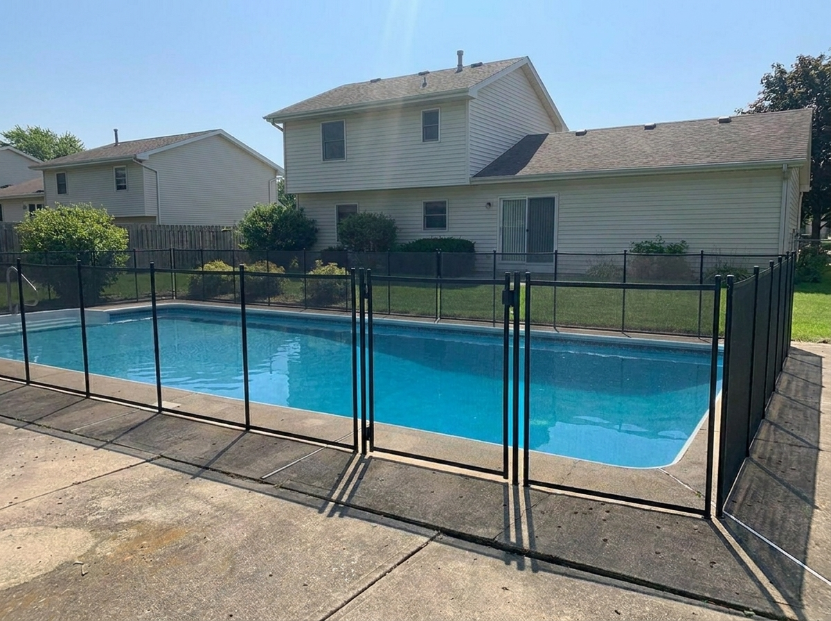 Same backyard pool enclosed with black removable mesh safety fencing, view still open