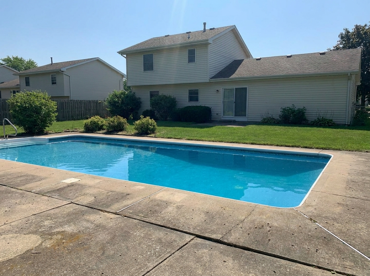 Backyard swimming pool with no safety barrier, open water